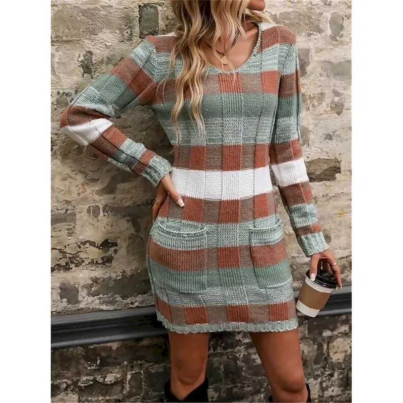 Women's Plaid V Neck Maxi Dress Long Sleeve Spring Fall - Image 6