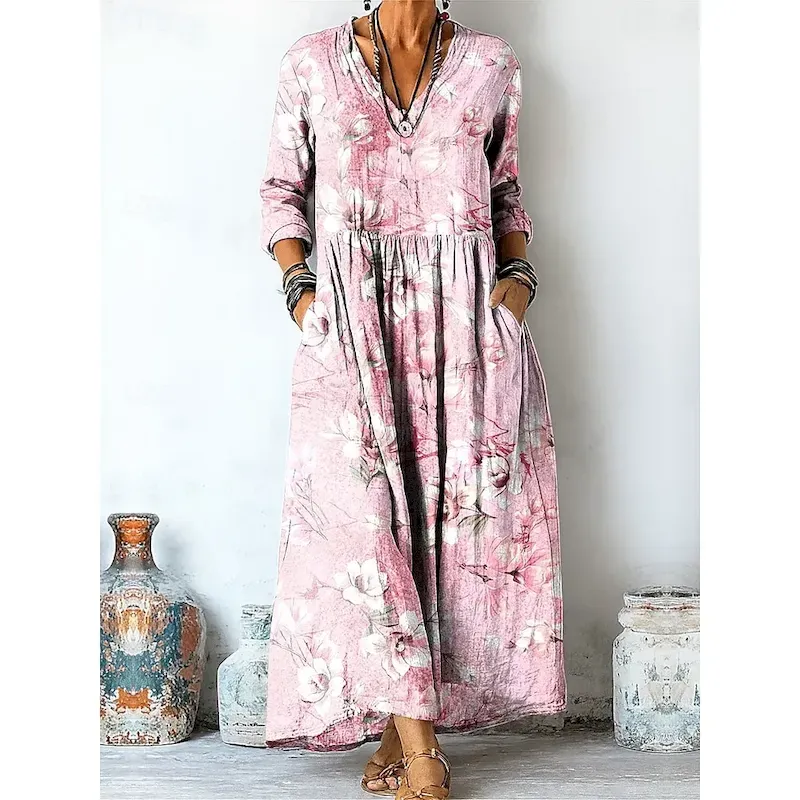 Women's Maxi Dress A Line Dress Vacation Casual Boho Going out Beach Loose Fit Floral Graphic Long Sleeve V Neck Light Yellow Light Pink Pink Purple Summer Spring Fall - Image 4