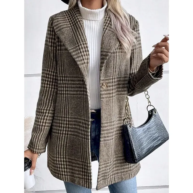Women's Casual Jacket Outdoor Street Daily Wear Fall Winter Regular Coat Regular Fit Thermal Warm Breathable Stylish Casual Jacket Long Sleeve Stripes and Plaid with Pockets Print Red Camel Gray - Image 2