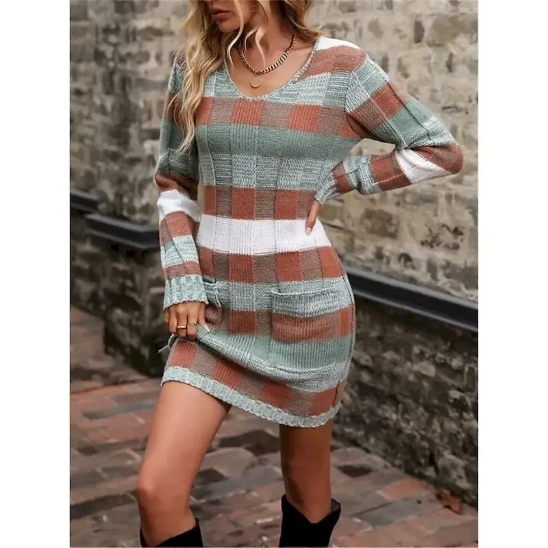 Women's Plaid V Neck Maxi Dress Long Sleeve Spring Fall - Image 4