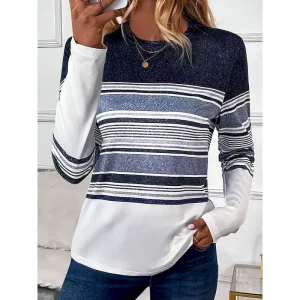 Women's T shirt Long Sleeve Crew Neck Long Sleeve Tunic Striped Casual Regular Tops Daily Print Blue Spring Fall Prefall