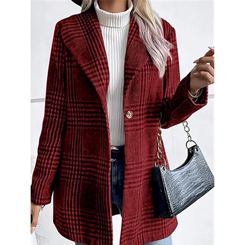 Women's Casual Jacket Outdoor Street Daily Wear Fall Winter Regular Coat Regular Fit Thermal Warm Breathable Stylish Casual Jacket Long Sleeve Stripes and Plaid with Pockets Print Red Camel Gray - Image 3