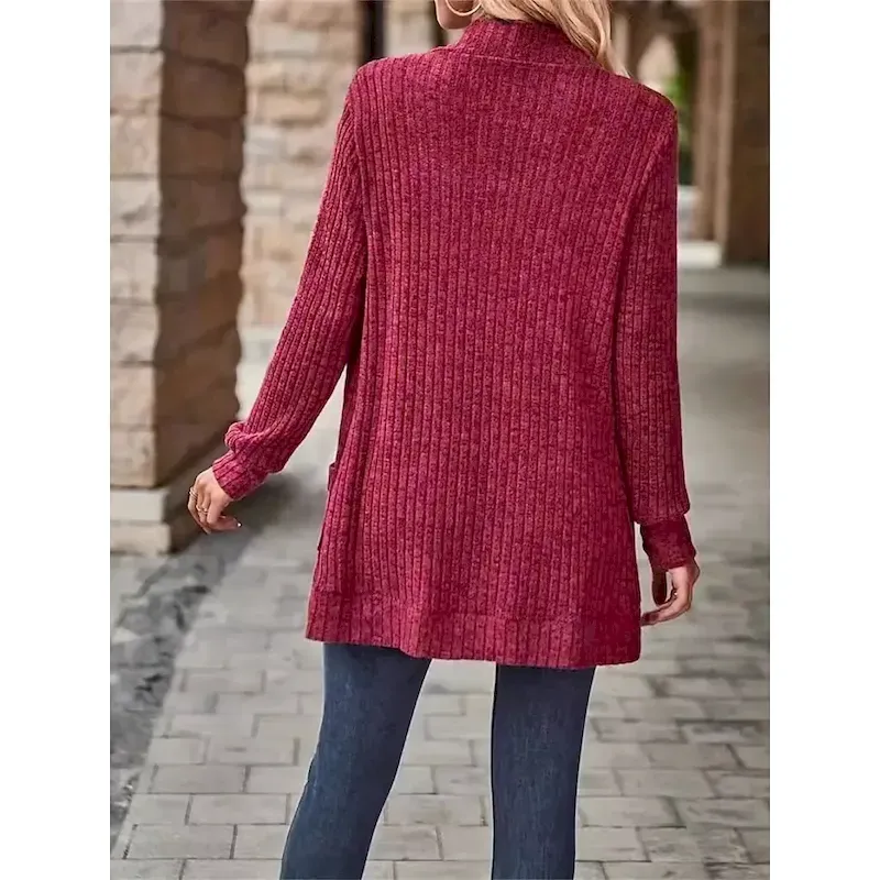 Women's Casual Jacket Comfortable Breathable Pocket Casual Plain Vacation Street Daily Wear Going out Open Front Regular Collarless Regular Fit Long Sleeve Outerwear Wine Sky Blue Purple Spring Fall - Image 5