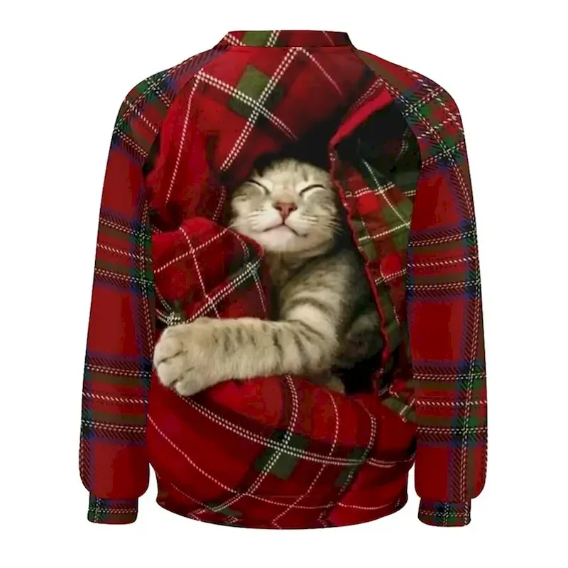 Women's Pullover Sweatshirt Plaid Cat Casual Sportswear Festival Round Neck Long Sleeve Top Micro-elastic Fall & Winter - Image 3