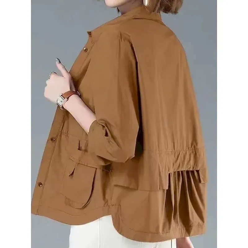 Women's Casual Jacket Comfortable Breathable Pocket Buttons Casual Plain Vacation Street Casual Daily Wear Single Breasted Short Turndown Regular Fit Long Sleeve Outerwear Black Orange Brown Summer - Image 2