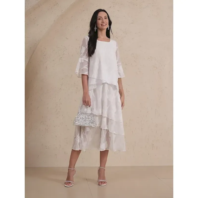 Women's Skirt Elegant Midi Mid Waist Skirts Floral Layered Inelastic Party Causal White Summer Chiffon - Image 3