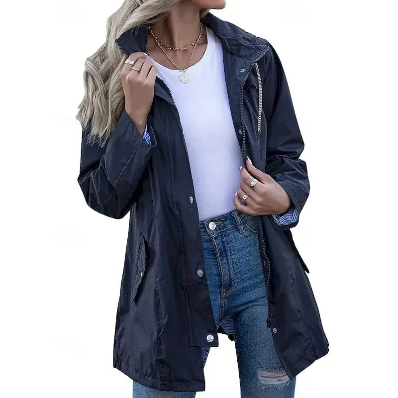 Women's Hoodie Jacket Waterproof Rain Jackets Rain Coats Warm Comfortable Zipper Pocket Outdoor Casual Plain Going out Casual Daily Zipper Regular Hooded Regular Fit Long Sleeve Outerwear Navy Black - Image 4