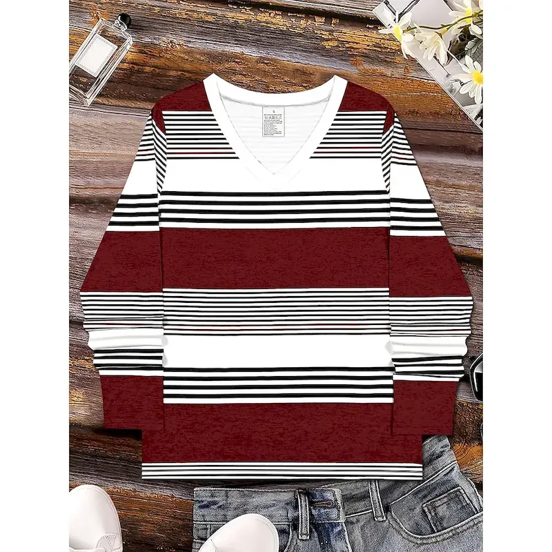 Women's T Shirt Graphic Geometric Striped Vintage Stylish Classic Long Sleeve V Neck Regular Tops Daily Print Maroon Blue Brown Spring Fall Winter - Image 2