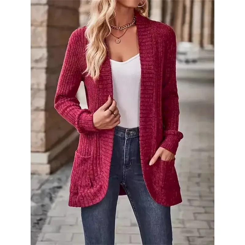 Women's Casual Jacket Comfortable Breathable Pocket Casual Plain Vacation Street Daily Wear Going out Open Front Regular Collarless Regular Fit Long Sleeve Outerwear Wine Sky Blue Purple Spring Fall - Image 4