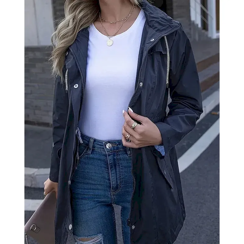 Women's Hoodie Jacket Waterproof Rain Jackets Rain Coats Warm Comfortable Zipper Pocket Outdoor Casual Plain Going out Casual Daily Zipper Regular Hooded Regular Fit Long Sleeve Outerwear Navy Black - Image 6