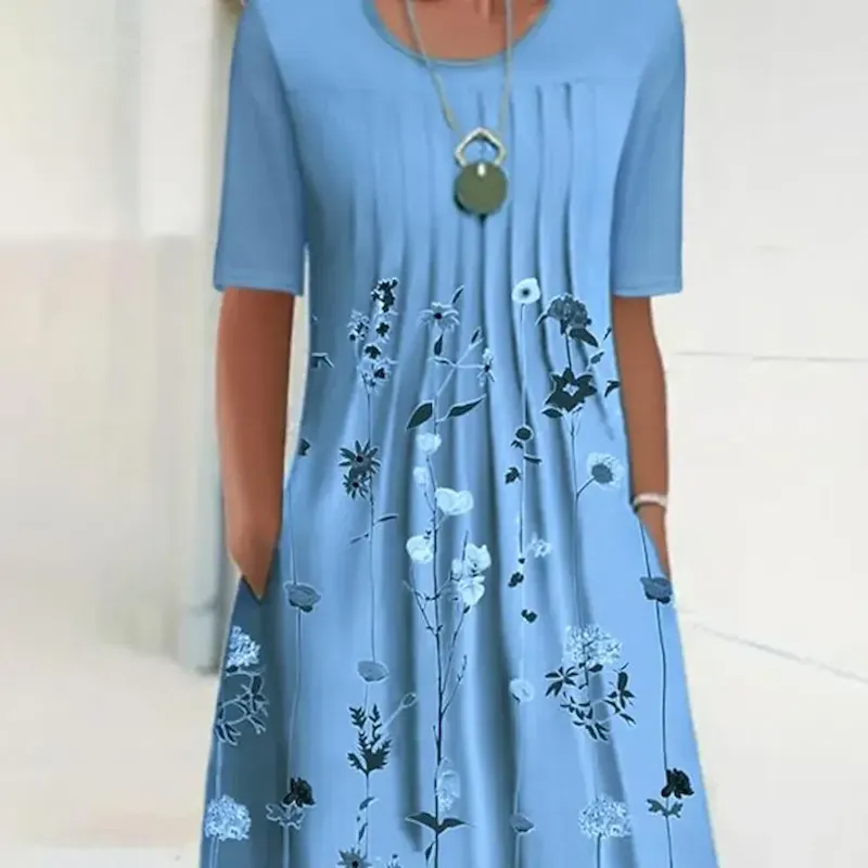 Women's Midi Dress Casual Dress Shift Dress Floral Ruched Print Crew Neck Basic Daily Short Sleeve Summer Spring - Image 4