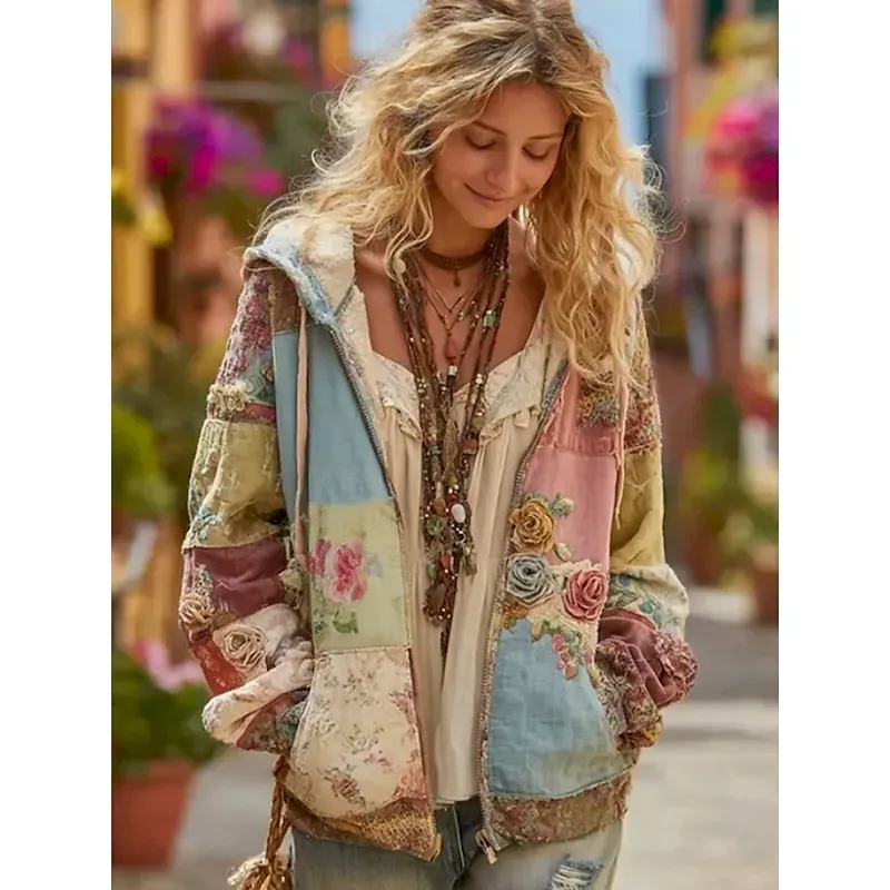 Women's 3D Print Vintage Boho Hoodie Patchwork Hoodie Sweatshirt Floral Zip Up s Vintage Fashion Casual Long Sleeve Hooded Street Dailywear Casual Patchwork Zipper Pocket Red Blue Spring Fall - Image 6