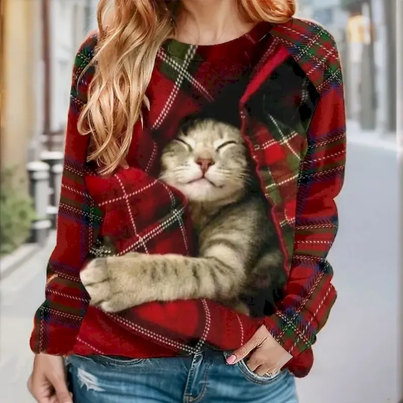 Women's Pullover Sweatshirt Plaid Cat Casual Sportswear Festival Round Neck Long Sleeve Top Micro-elastic Fall & Winter