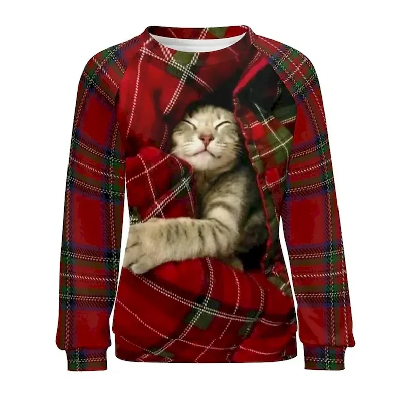Women's Pullover Sweatshirt Plaid Cat Casual Sportswear Festival Round Neck Long Sleeve Top Micro-elastic Fall & Winter - Image 2