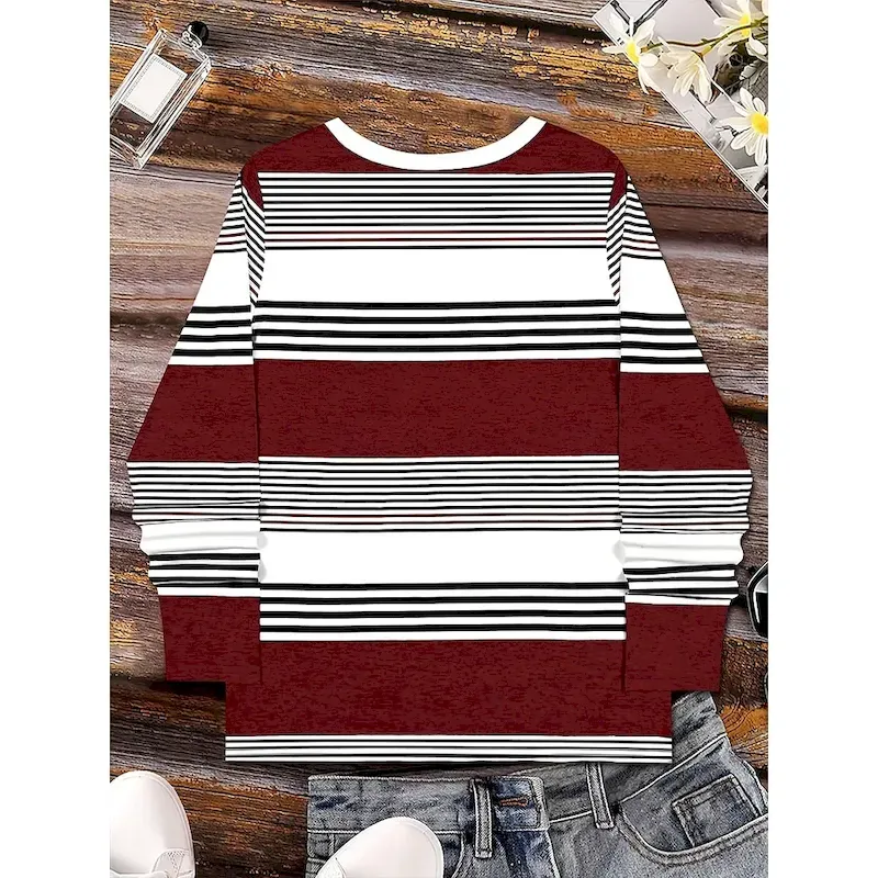 Women's T Shirt Graphic Geometric Striped Vintage Stylish Classic Long Sleeve V Neck Regular Tops Daily Print Maroon Blue Brown Spring Fall Winter - Image 3