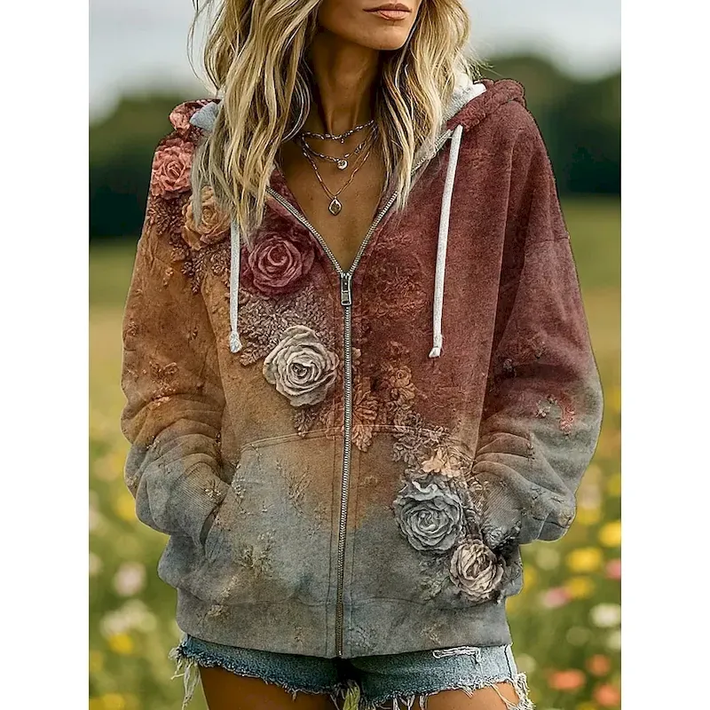 Women's 3D Print Vintage Boho Hoodie Patchwork Hoodie Sweatshirt Floral Zip Up s Vintage Fashion Casual Long Sleeve Hooded Street Dailywear Casual Patchwork Zipper Pocket Red Blue Spring Fall - Image 3