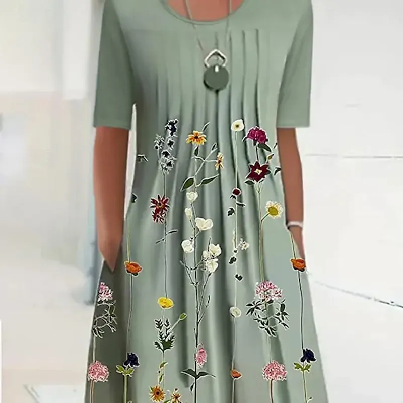 Women's Midi Dress Casual Dress Shift Dress Floral Ruched Print Crew Neck Basic Daily Short Sleeve Summer Spring - Image 3