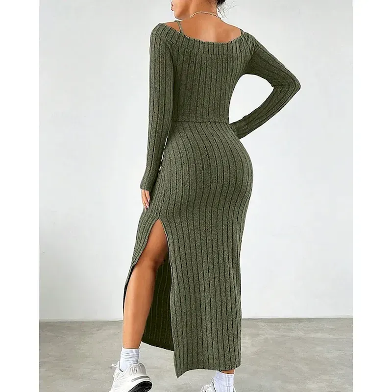 Women's Midi Dress Dress Set Sheath Dress Fashion Modern Vacation Daily Weekend Regular Fit Plain Sleeveless Off Shoulder Army Green Spring Fall - Image 4