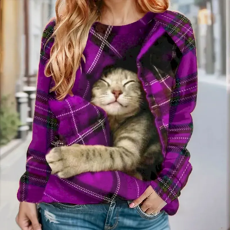Women's Pullover Sweatshirt Plaid Cat Casual Sportswear Festival Round Neck Long Sleeve Top Micro-elastic Fall & Winter - Image 6