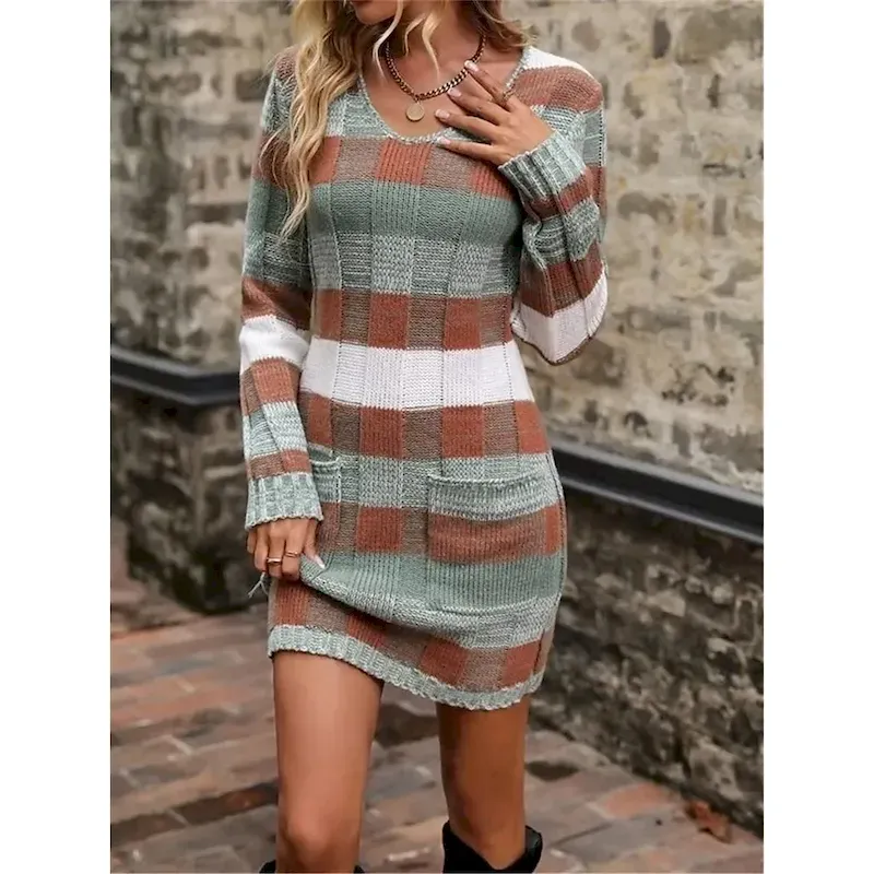 Women's Plaid V Neck Maxi Dress Long Sleeve Spring Fall - Image 3