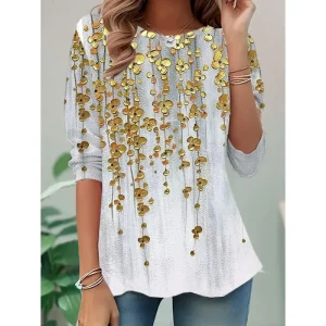 Women's T shirt Long Sleeve Crew Neck Long Sleeve Tunic Ombre Floral Elegant Vintage Regular Tops Daily Going out Weekend Print Gold Prefall