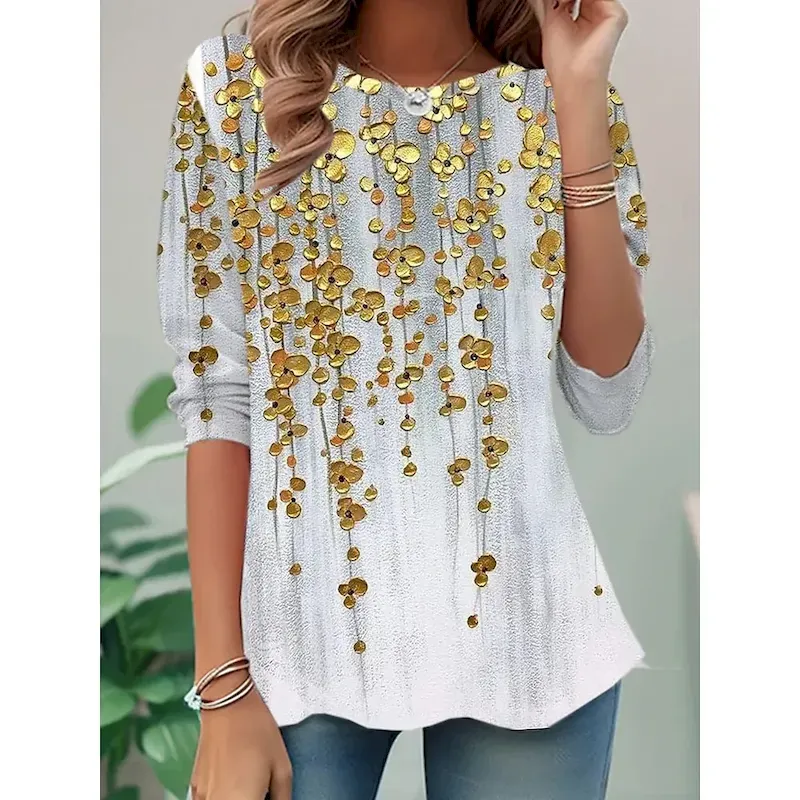 Women's T shirt Long Sleeve Crew Neck Long Sleeve Tunic Ombre Floral Elegant Vintage Regular Tops Daily Going out Weekend Print Gold Prefall