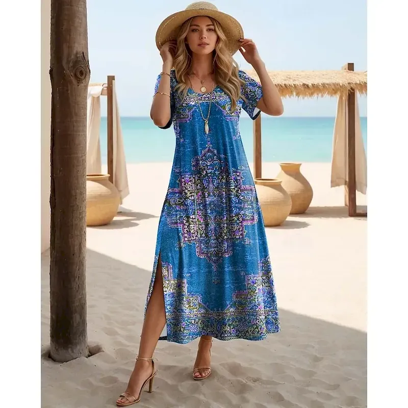 Women's Maxi Dress T Shirt Dress Tee Dress Sundress Shift Dress Bohemia Vacation Party Holiday Regular Fit Vintage Bohemian Short Sleeve Crew Neck Black Red Navy Blue Blue - Image 5