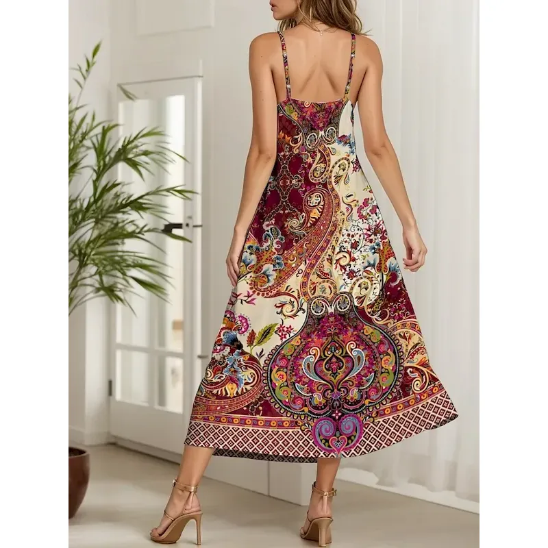 Women's Maxi Dress Casual Dress A Line Dress Vacation Vintage Ethnic Daily Regular Fit Graphic Vintage Bohemian Sleeveless V Neck Pink Blue Purple Green Summer Spring Fall - Image 2