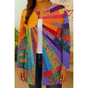 Women's Blazer Windproof Warm Patchwork Pocket Color Block Open Front Modern Boho Vintage Geometric Casual Daily Casual Daily Short Crewneck Regular Fit Long Sleeve Outerwear Yellow Red Orange Fall