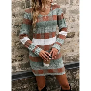 Women's Plaid V Neck Maxi Dress Long Sleeve Spring Fall