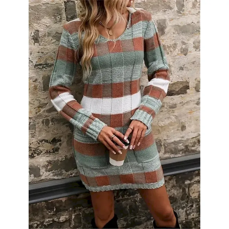 Women's Plaid V Neck Maxi Dress Long Sleeve Spring Fall
