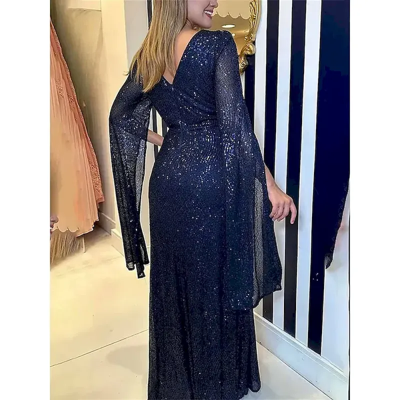 Women's Sequin Dress Prom Dress Party Dress Sequins Glitter V Neck Long Sleeve Winter Dress Champagne Red Fall Winter - Image 4