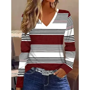 Women's T Shirt Graphic Geometric Striped Vintage Stylish Classic Long Sleeve V Neck Regular Tops Daily Print Maroon Blue Brown Spring Fall Winter