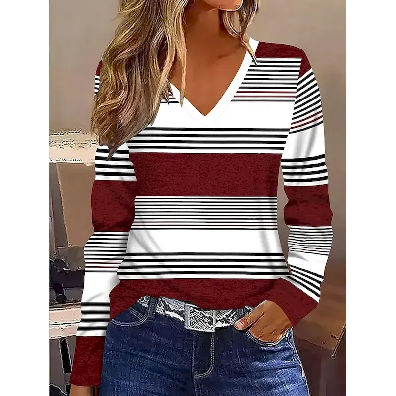 Women's T Shirt Graphic Geometric Striped Vintage Stylish Classic Long Sleeve V Neck Regular Tops Daily Print Maroon Blue Brown Spring Fall Winter