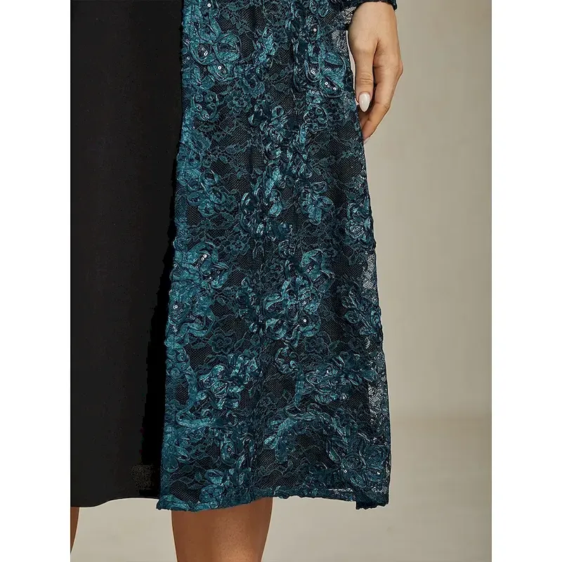 Women's Blazer Caot Jacket Lace Embroidered Sequin Elegant Floral Formal Anniversary Party Wedding Guest Open Front Long Crewneck Regular Fit Long Sleeve Outerwear Navy Blue Spring Fall - Image 3