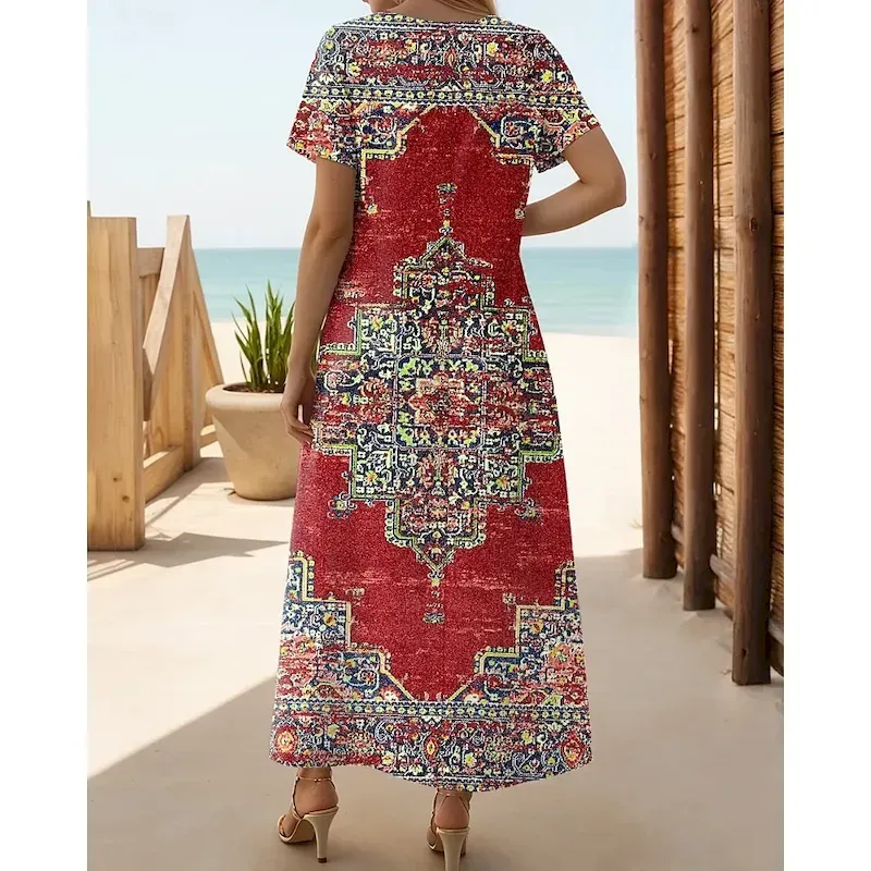 Women's Maxi Dress T Shirt Dress Tee Dress Sundress Shift Dress Bohemia Vacation Party Holiday Regular Fit Vintage Bohemian Short Sleeve Crew Neck Black Red Navy Blue Blue - Image 2