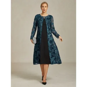Women's Blazer Caot Jacket Lace Embroidered Sequin Elegant Floral Formal Anniversary Party Wedding Guest Open Front Long Crewneck Regular Fit Long Sleeve Outerwear Navy Blue Spring Fall