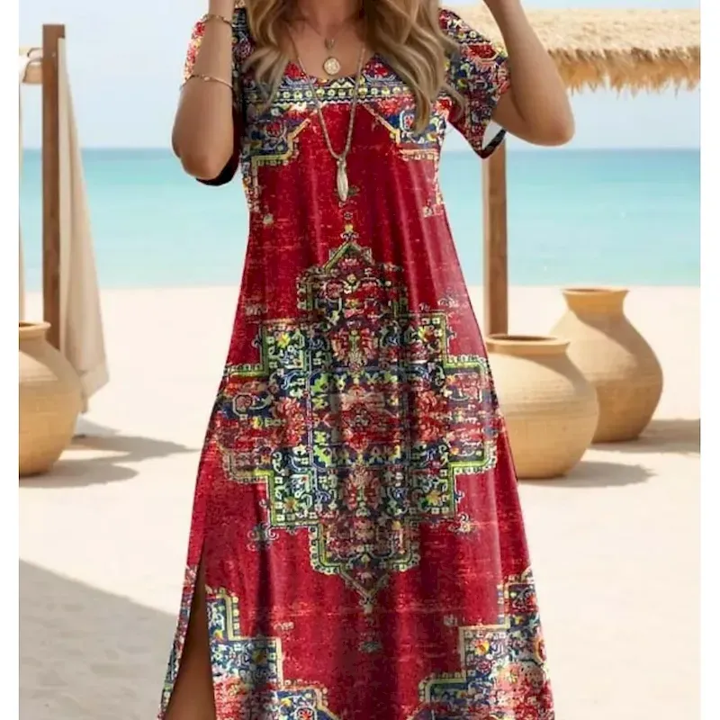 Women's Maxi Dress T Shirt Dress Tee Dress Sundress Shift Dress Bohemia Vacation Party Holiday Regular Fit Vintage Bohemian Short Sleeve Crew Neck Black Red Navy Blue Blue - Image 3