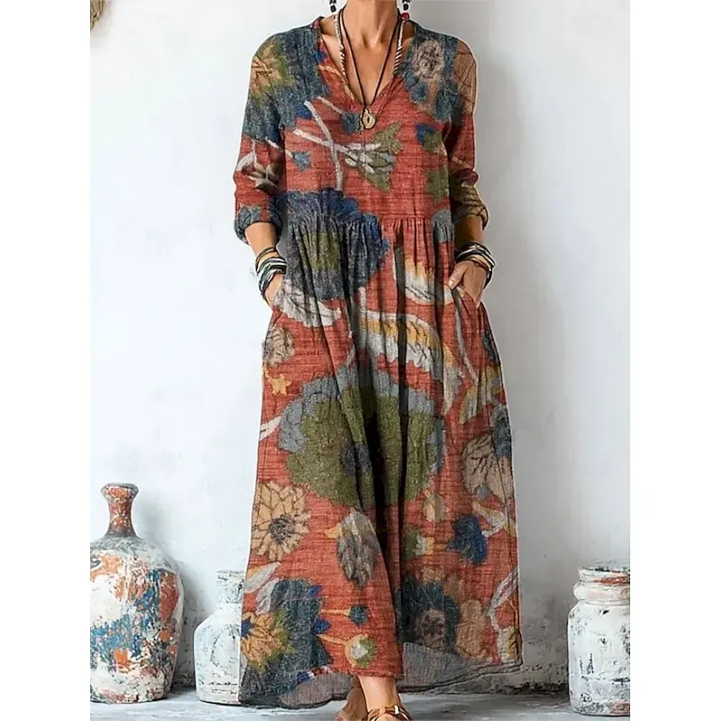 Women's Maxi Dress A Line Dress Vacation Casual Boho Going out Beach Loose Fit Floral Graphic Long Sleeve V Neck Light Yellow Light Pink Pink Purple Summer Spring Fall