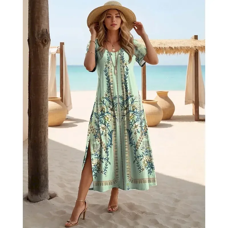 Women's Maxi Dress T Shirt Dress Tee Dress Sundress Shift Dress Bohemia Vacation Party Holiday Regular Fit Vintage Bohemian Short Sleeve Crew Neck Black Red Navy Blue Blue - Image 6