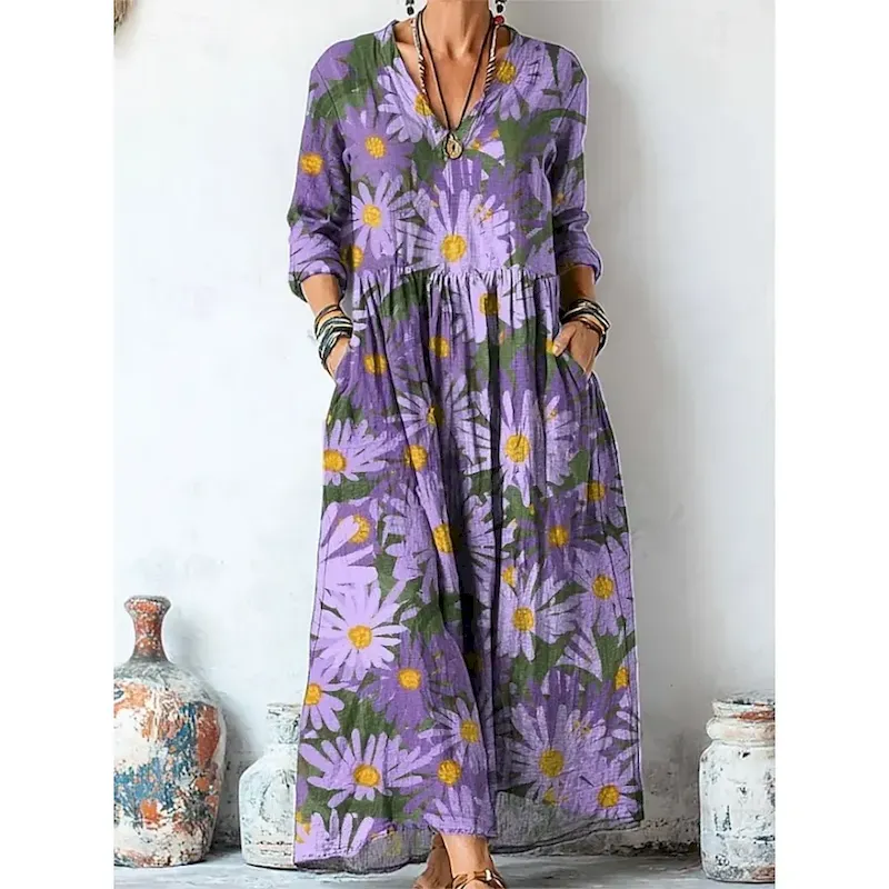 Women's Maxi Dress A Line Dress Vacation Casual Boho Going out Beach Loose Fit Floral Graphic Long Sleeve V Neck Light Yellow Light Pink Pink Purple Summer Spring Fall - Image 5