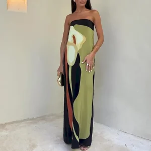 Women's Long Dress Maxi Dress Cocktail Dress Print Dress Fashion Modern Vacation Holiday Tea Party Regular Fit Color Block Sleeveless Strapless Green Summer
