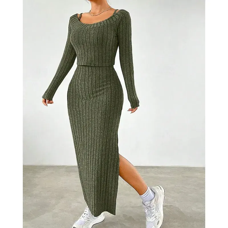 Women's Midi Dress Dress Set Sheath Dress Fashion Modern Vacation Daily Weekend Regular Fit Plain Sleeveless Off Shoulder Army Green Spring Fall - Image 3