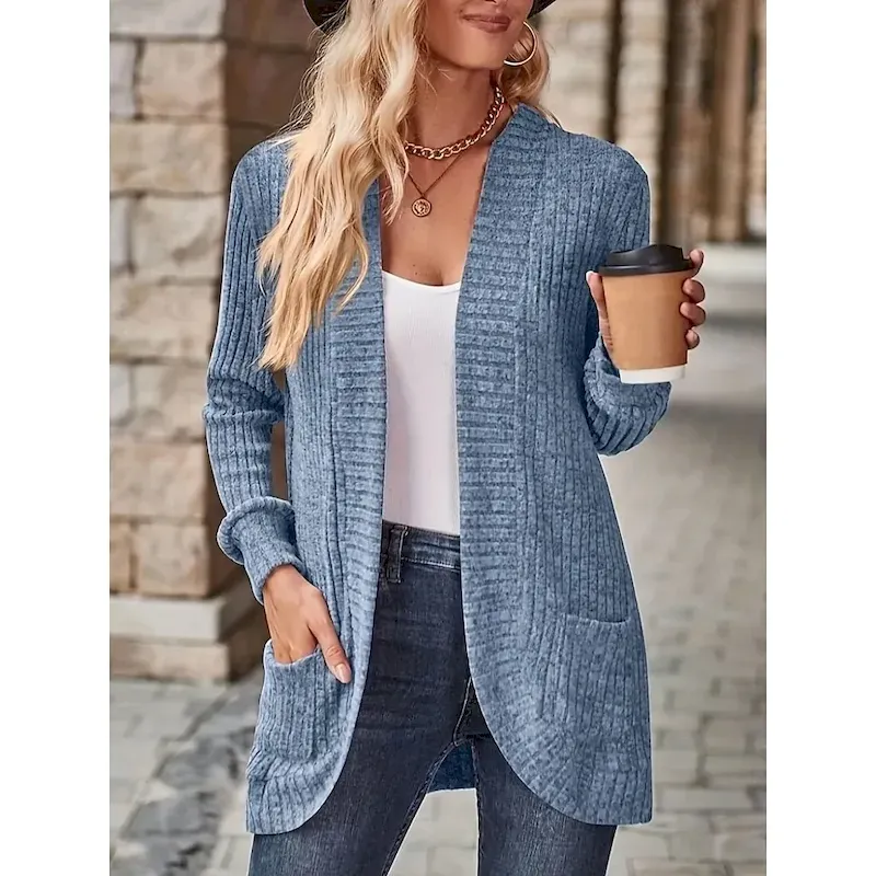 Women's Casual Jacket Comfortable Breathable Pocket Casual Plain Vacation Street Daily Wear Going out Open Front Regular Collarless Regular Fit Long Sleeve Outerwear Wine Sky Blue Purple Spring Fall - Image 3