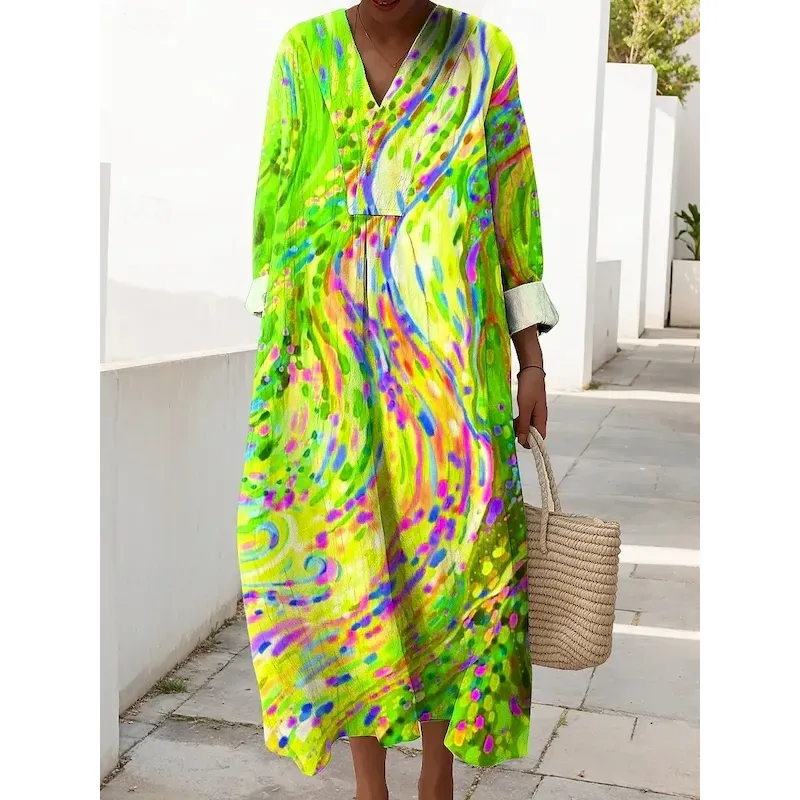 Women's Midi Dress V Neck Long Sleeve Kaftan Lightweight Loose Fit Shift Dress Casual Going out Loose Fit Graphic Geometric Abstract Long Sleeve V Neck Blue Purple Orange Green Fall - Image 2