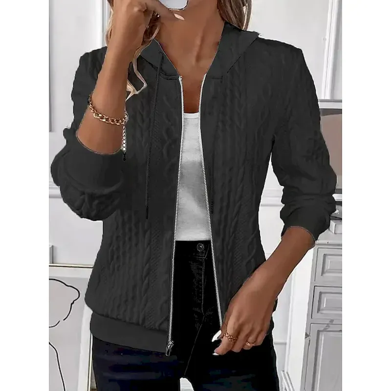 Women's Casual Jacket Textured Jackets Adjustable Solid Color Casual / Daily Stylish Regular Fit Outerwear Long Sleeve Spring Black S - Image 5