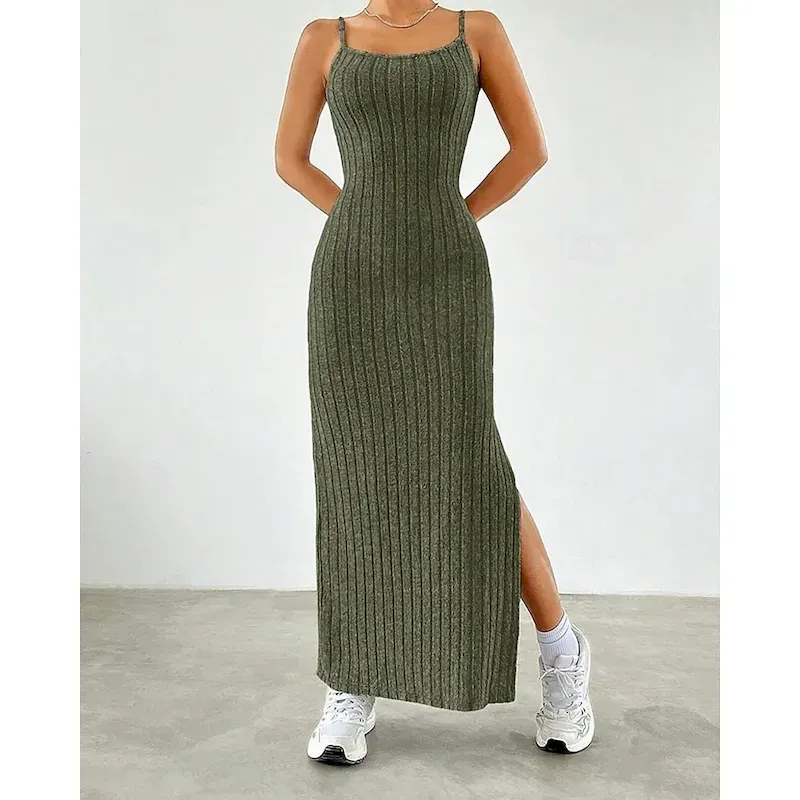 Women's Midi Dress Dress Set Sheath Dress Fashion Modern Vacation Daily Weekend Regular Fit Plain Sleeveless Off Shoulder Army Green Spring Fall - Image 2