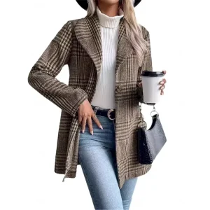 Women's Casual Jacket Outdoor Street Daily Wear Fall Winter Regular Coat Regular Fit Thermal Warm Breathable Stylish Casual Jacket Long Sleeve Stripes and Plaid with Pockets Print Red Camel Gray