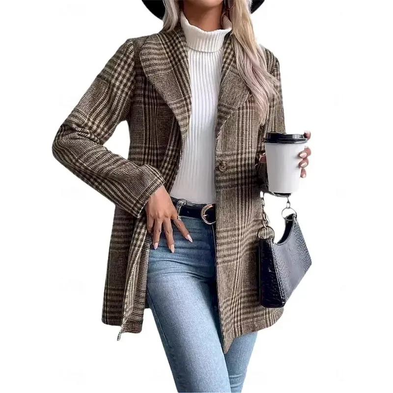 Women's Casual Jacket Outdoor Street Daily Wear Fall Winter Regular Coat Regular Fit Thermal Warm Breathable Stylish Casual Jacket Long Sleeve Stripes and Plaid with Pockets Print Red Camel Gray