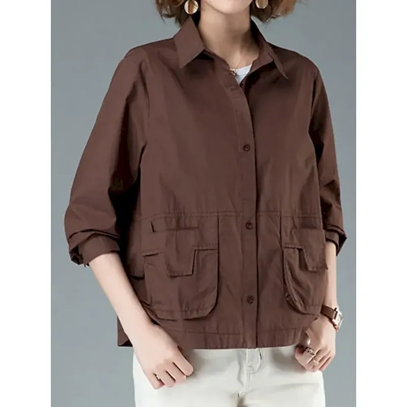 Women's Casual Jacket Comfortable Breathable Pocket Buttons Casual Plain Vacation Street Casual Daily Wear Single Breasted Short Turndown Regular Fit Long Sleeve Outerwear Black Orange Brown Summer - Image 4